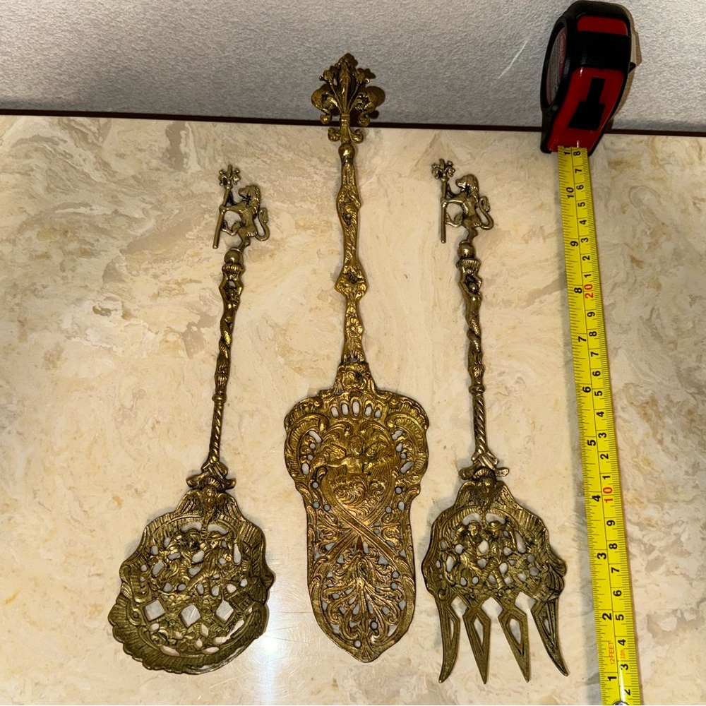 Set Of 3 Royal Lion & Scepter Brass Fork, Spoon, And Server.